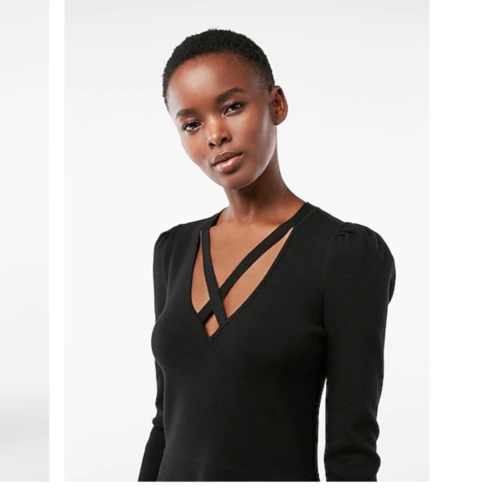 Express criss-cross puffer sleeve mid length dress